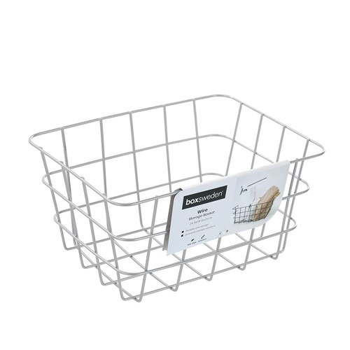 WIRE STORAGE BASKET BIRCH WOOD HANDLE 24X24X17CM WHITE to